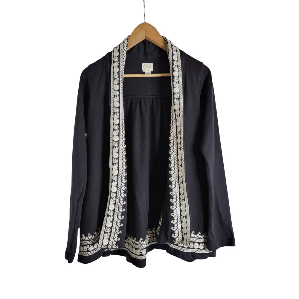 Lucky Brand Black Embroidered Open Front Cotton Knit Cardigan XS Boho-Chic